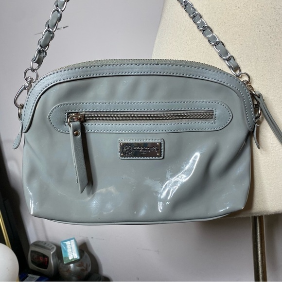 Sharif Patent Leather Gray Blue Embroidered Flower Crossbody Purse - Picture 3 of 9
